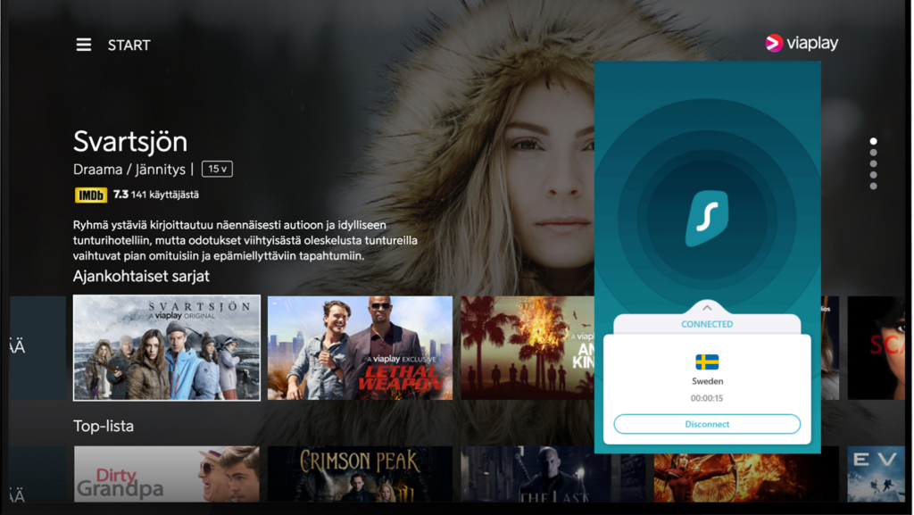 Viaplay was accessed with Surfshark