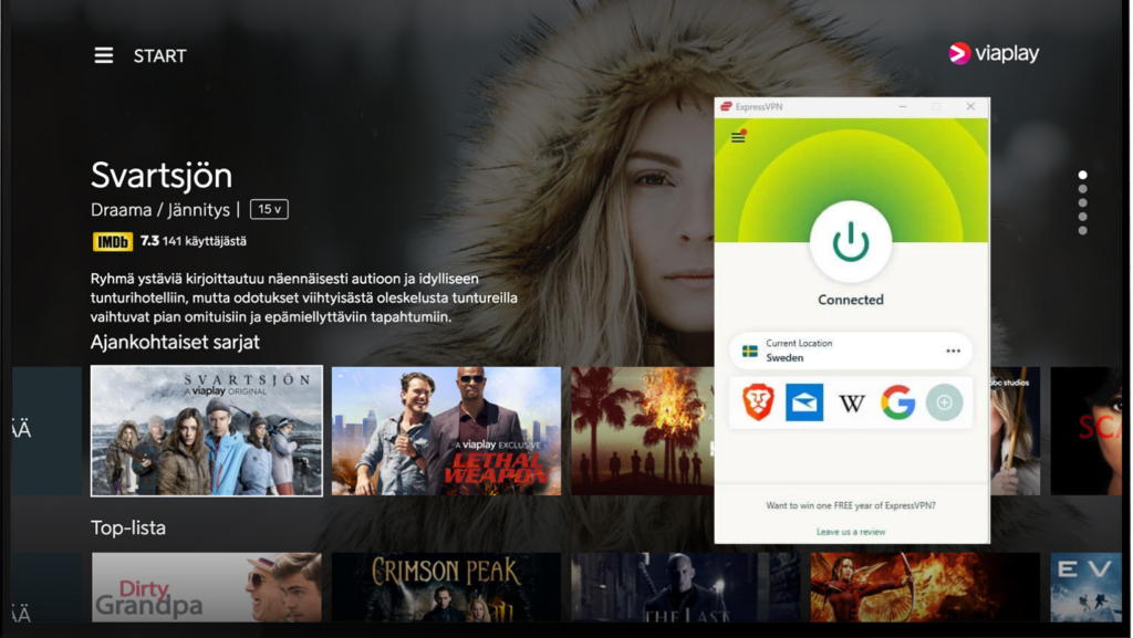 I could watch ViaPlay in the USA with ExpressVPN