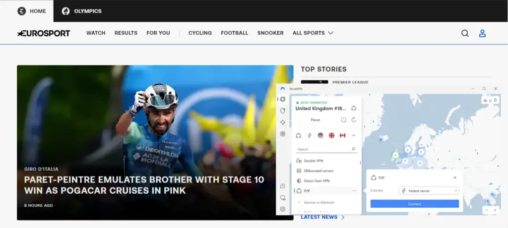 Eurosport was accessed with NordVPN