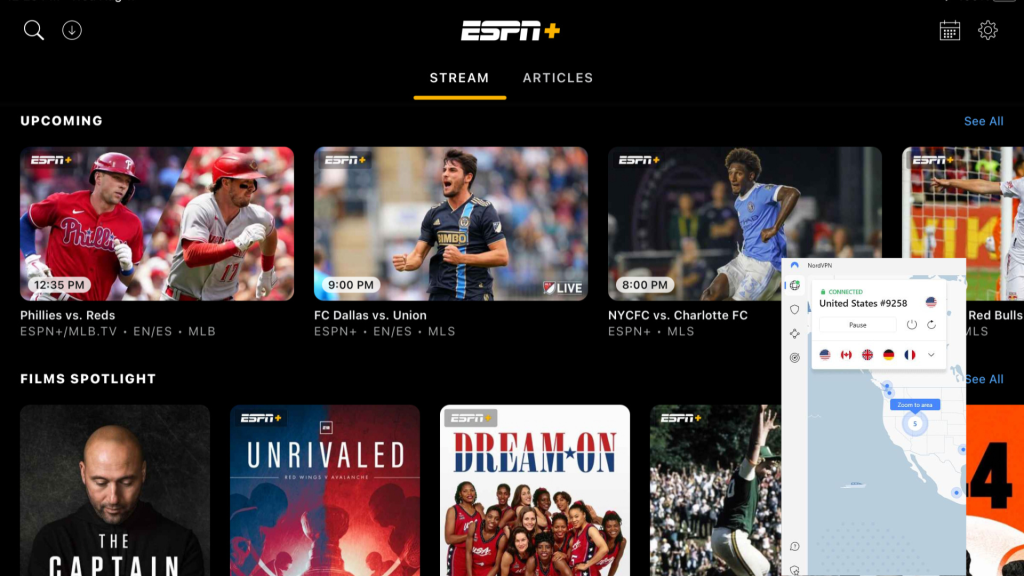 I could watch ESPN+ Outside the US with NordVPN