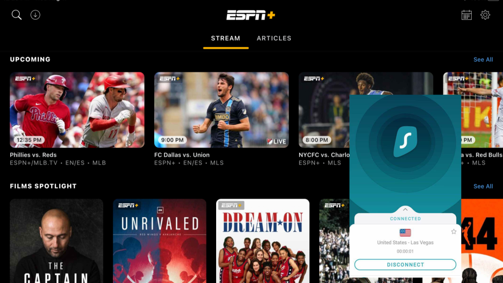 I could watch ESPN+ Outside the US with SurfShark