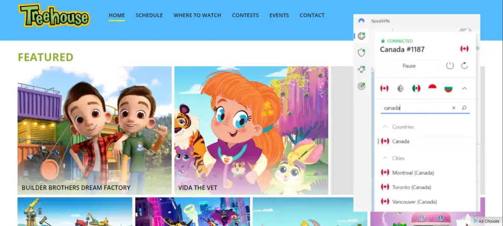 I could watch Treehouse TV outside Canada with NordVPN